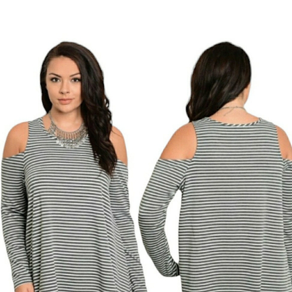 Cato Linen Blend Cold Shoulder Long Sleeves Black White Striped Top 22W-24W 2X - Picture 11 of 16
